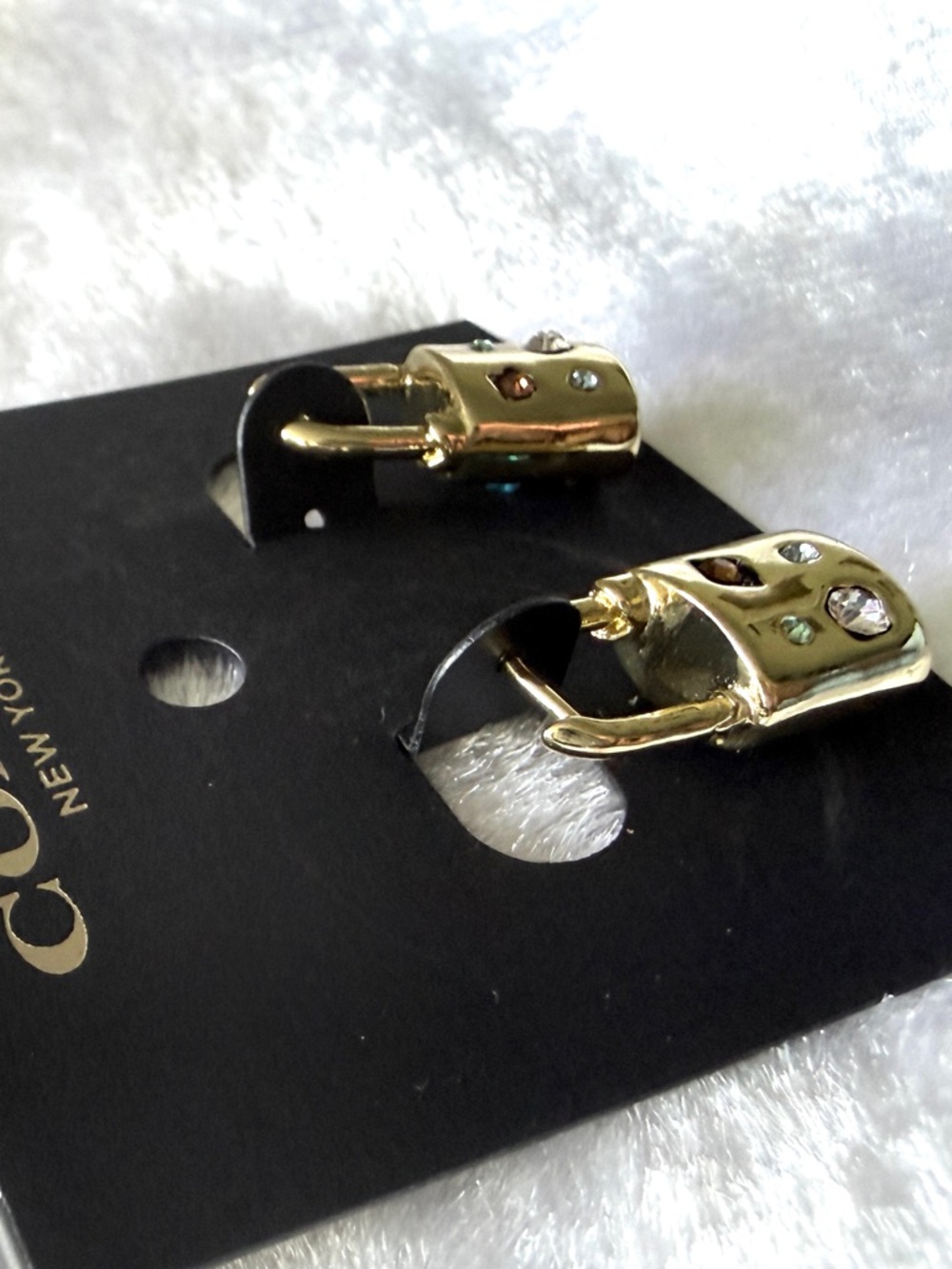 COACH Signature Gem Multicolor Crystal Padlock Hoop Earrings in Gold Tone - Picture 3 of 7